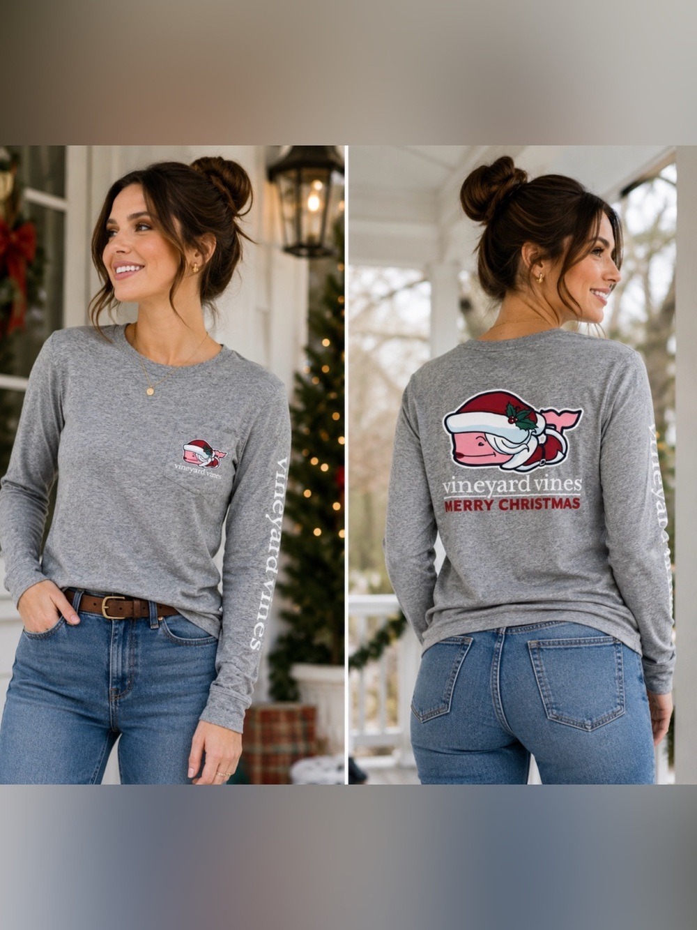 VINEYARD VINES CHRISTMAS SANTA WHALE LONG SLEEVE POCKET T SHIRT XS GRAY HOLIDAY
